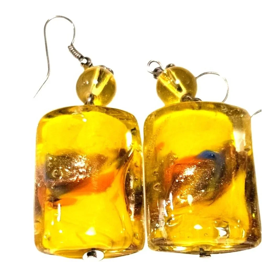 2 Vintage Earrings Hand Blown Art Glass Chunky Dangle With Hook Yellow‎ & Green